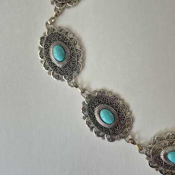 Western Aztec Boho Silver Tone Concho Turquoise Waist Chain Belt Womens 51 IN - Picture 3 of 7